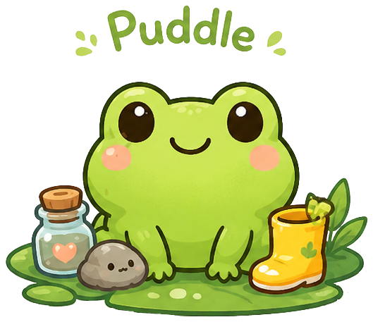 Puddle, round green frog